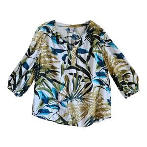 CHICO'S 3 Women's XL Blouse 100% Linen Palm Print Green Blue 3/4 Balloon Slv 46"